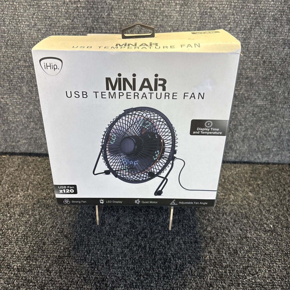 iHip~Mini Air USB Temperature Fan~Displays Time and Temperature~NIB